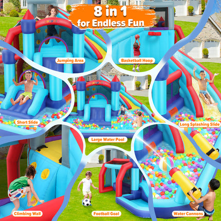 AKEYDIY Inflatable Bounce House with Slide 10 in 1 Kids Bounce House Water Slide Blue Royal Bouncy Castle for Kids Gift - det
