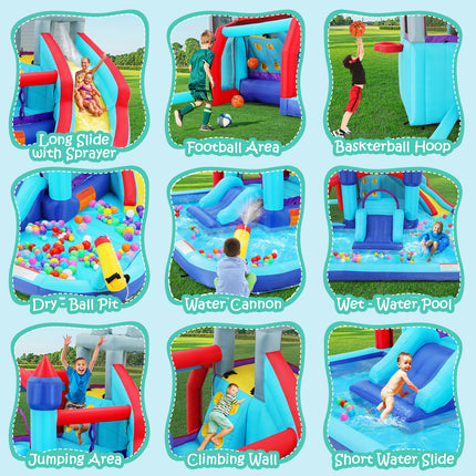 AKEYDIY Inflatable Bounce House with Slide 10 in 1 Kids Bounce House Water Slide Blue Royal Bouncy Castle for Kids Gift - sid