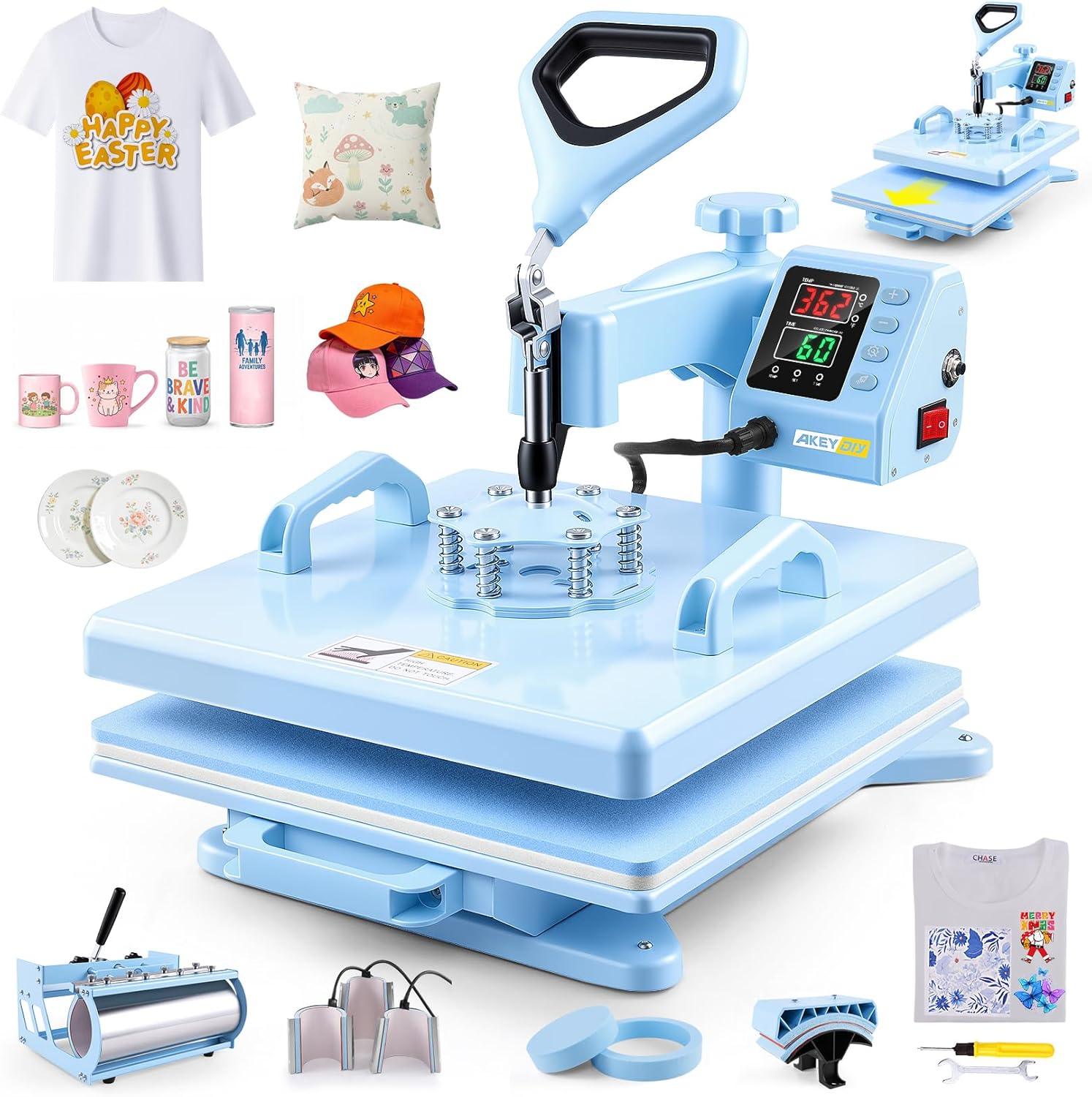 AKEYDIY Heat Press 15x15 inch 8 in 1 with 30OZ Tumbler Press, 360° Swivel Away Slide Out Digital Shirt Press Machine Akeydiy