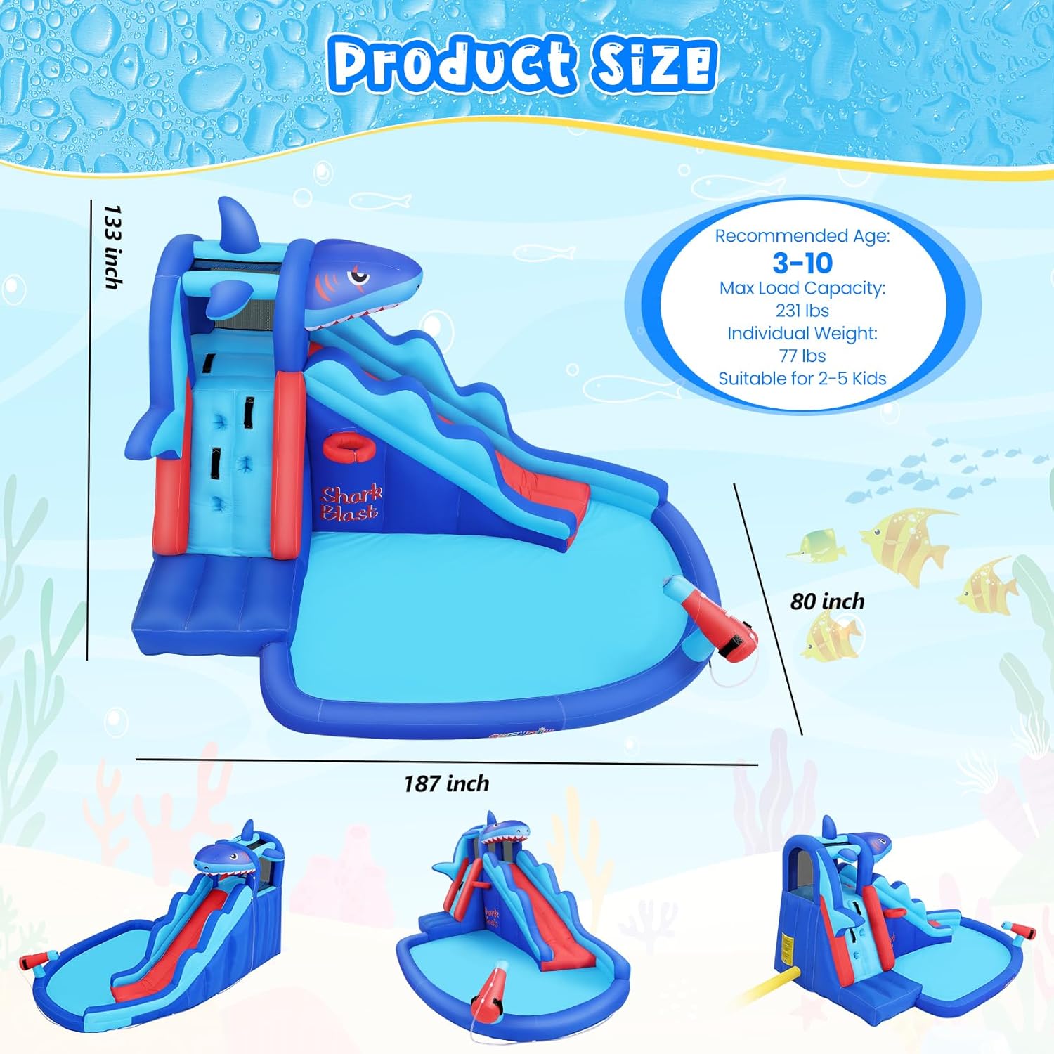 AKEYDIY Inflatable Water Slide, Shark Bounce House with Slide Akeydiy