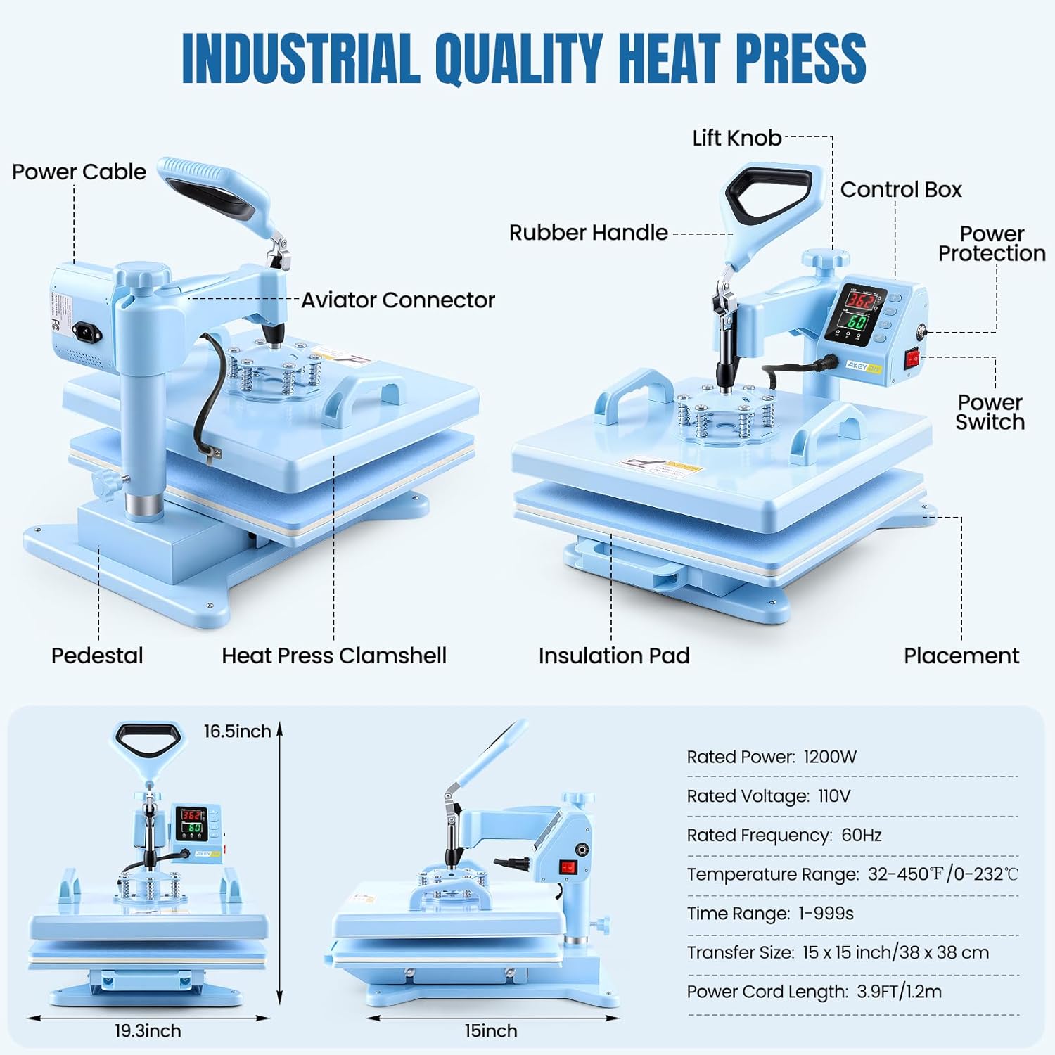 AKEYDIY Heat Press 15x15 inch 8 in 1 with 30OZ Tumbler Press, 360° Swivel Away Slide Out Digital Shirt Press Machine Akeydiy