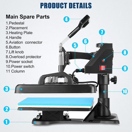 AKEYDIY 5 in 1 Heat Press Machine for t Shirts Professional Swing Away Heat Press Digital Combo - detail view