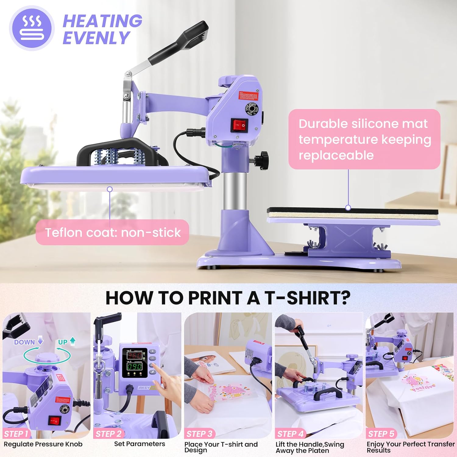 AKEYDIY Heat Press, 15x12 Shirt Press Machine with Cup/Plate/Cap Attachment Akeydiy