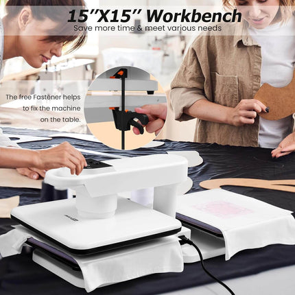 AKEYDIY auto heat press machine side view showing 360 degree swing away design