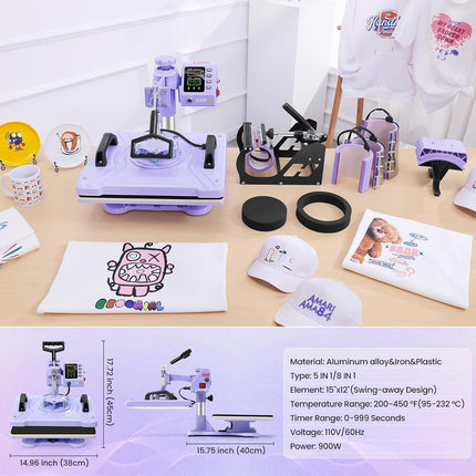 AKEYDIY Heat Press, 15x12 Shirt Press Machine with Cup/Plate/Cap Attachment Akeydiy