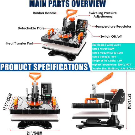 AKEYDIY Upgraded 8 in 1 Heat Press Machine for Tshirts 12''X15'' 360� Swing Away Shirt Press Machine - features closeup