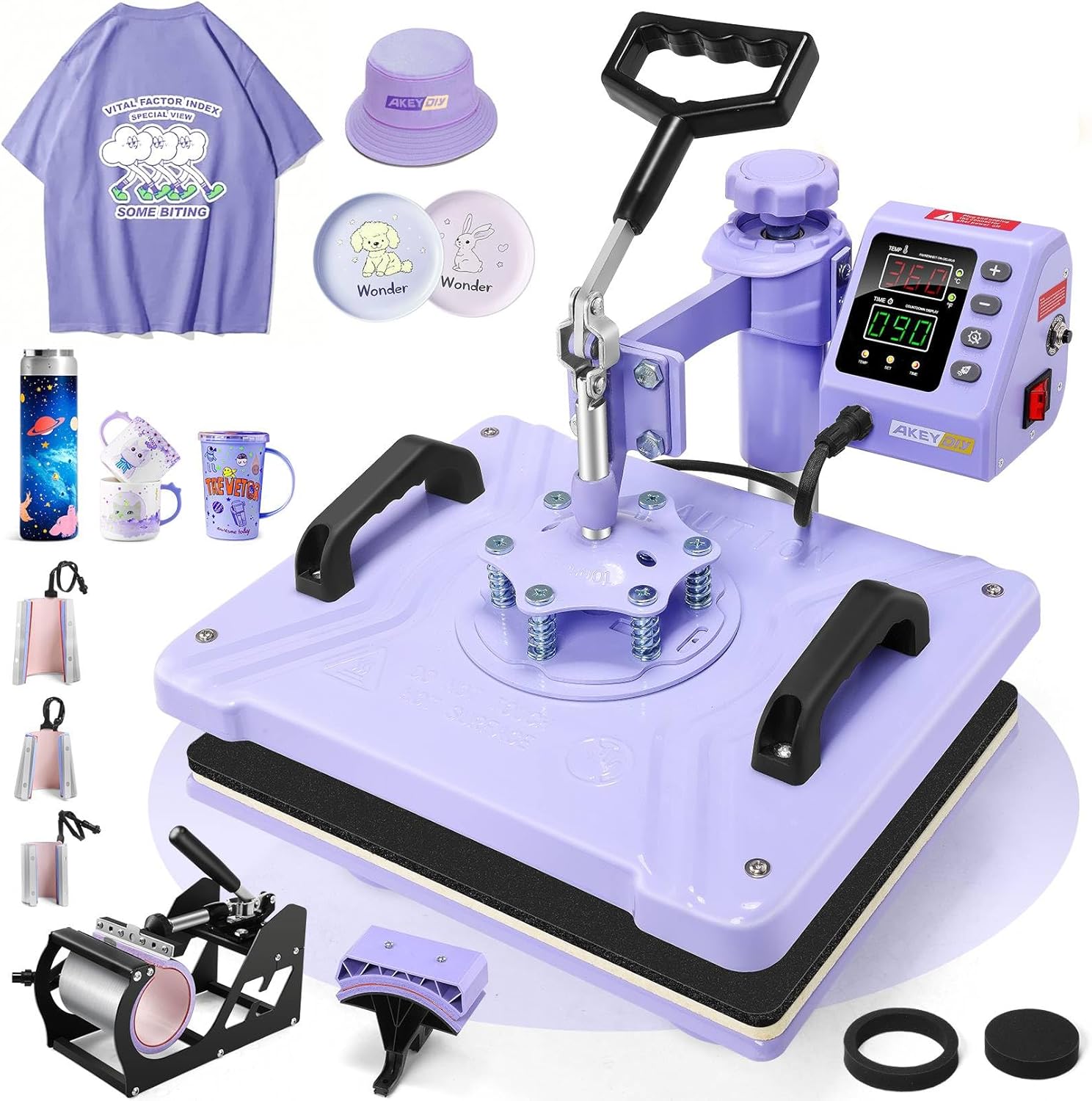 AKEYDIY Heat Press, 15x12 Shirt Press Machine with Cup/Plate/Cap Attachment Akeydiy