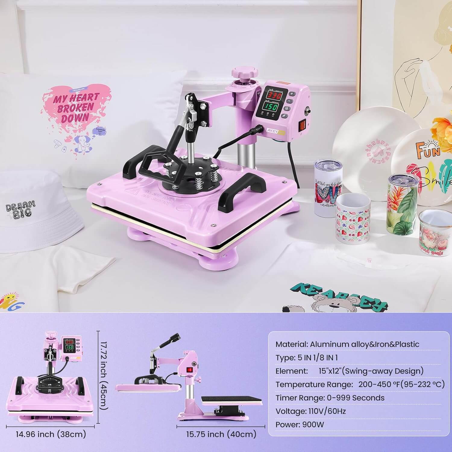 AKEYDIY heat press machine in use - demonstrating the 360 degree swing-away design for safe operation