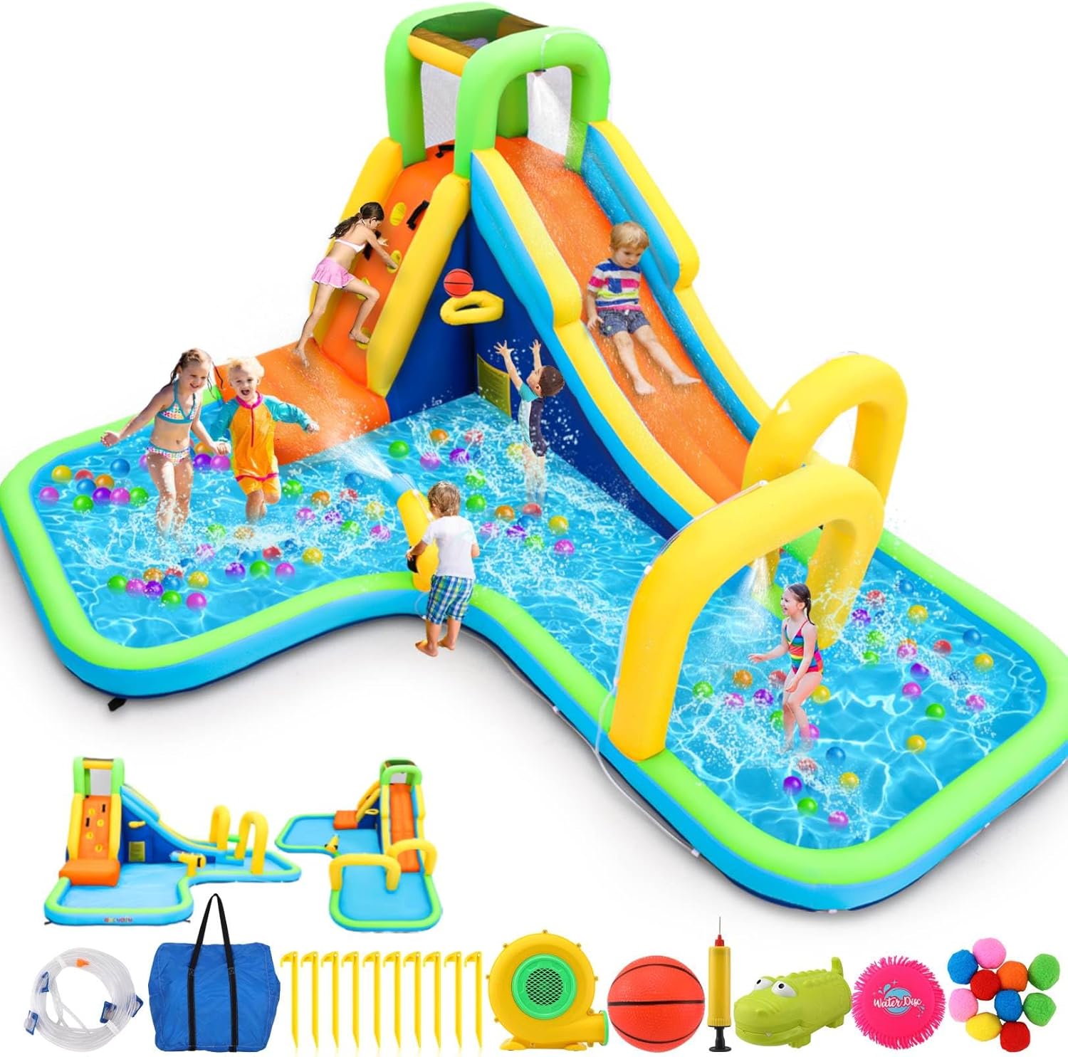 AKEYDIY Inflatable Water Slide Park, Giant Water Castle with Long Slide, Climbing Wall, Basketball Hoop Akeydiy