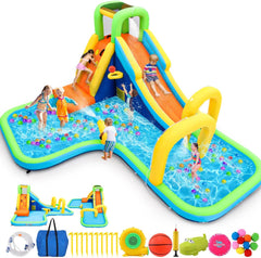 AKEYDIY Inflatable Water Slide Park, Giant Water Castle with Long Slide, Climbing Wall, Basketball Hoop Akeydiy