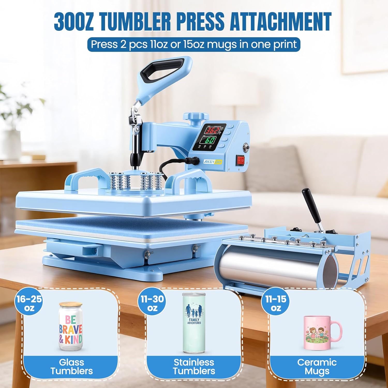 AKEYDIY Heat Press 15x15 inch 8 in 1 with 30OZ Tumbler Press, 360° Swivel Away Slide Out Digital Shirt Press Machine Akeydiy