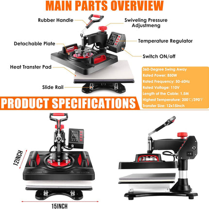 AKEYDIY 8 in 1 Heat Press Machine Professional Sublimation Machine 12" X 15" Swing - side angle