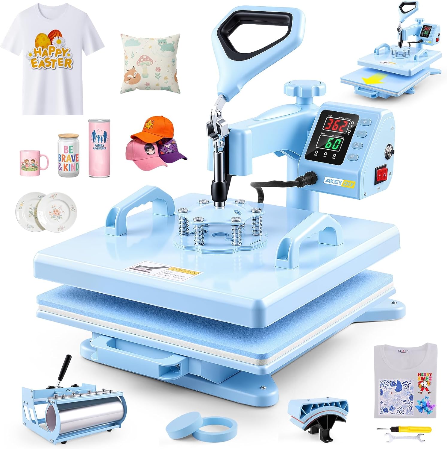 AKEYDIY Heat Press 15x15 inch 8 in 1 with 30OZ Tumbler Press, 360° Swivel Away Slide Out Digital Shirt Press Machine Akeydiy