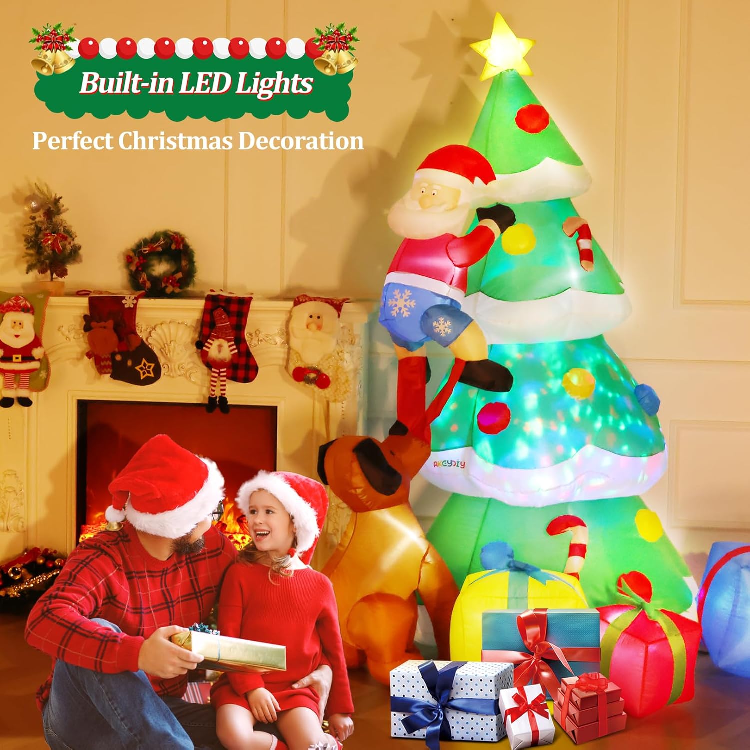 AKEYDIY 7.7 FT Inflatable Christmas Tree with A Santa Chased by Dog Inflatable Christmas Decorations Outdoor Akeydiy
