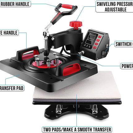 AKEYDIY Upgraded 5 in 1 Heat Press Machine Digital Combo - dimensions view