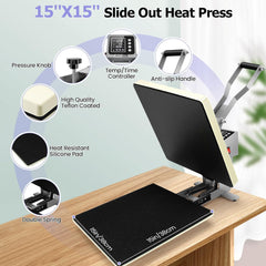 15x15 Heat Press Machine for T Shirts Slide Out