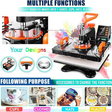 AKEYDIY Upgraded 8 in 1 Heat Press Machine for Tshirts 12''X15'' 360� Swing Away Shirt Press Machine - lifestyle shot