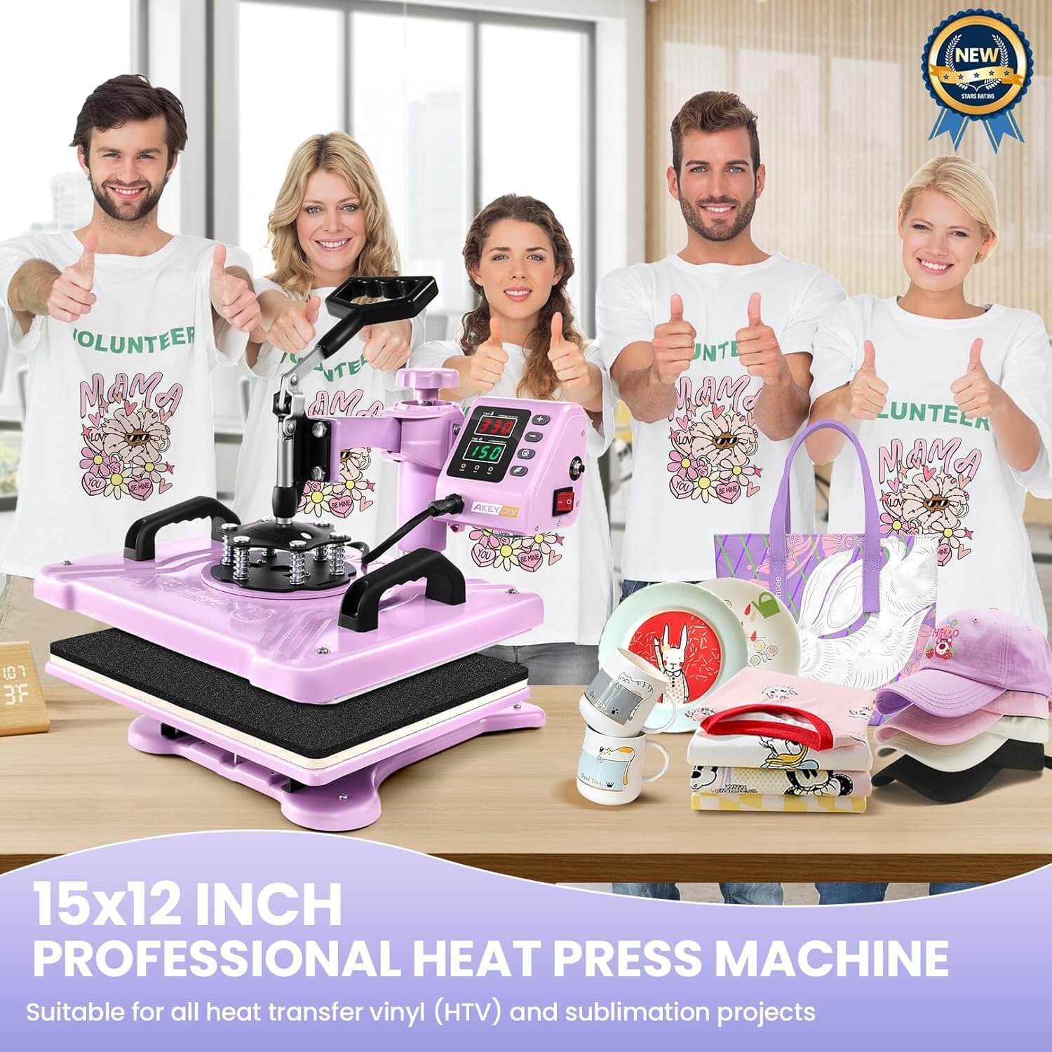 AKEYDIY 5 in 1 heat press machine package contents showing all attachments including mug press, cap press, and plate presses