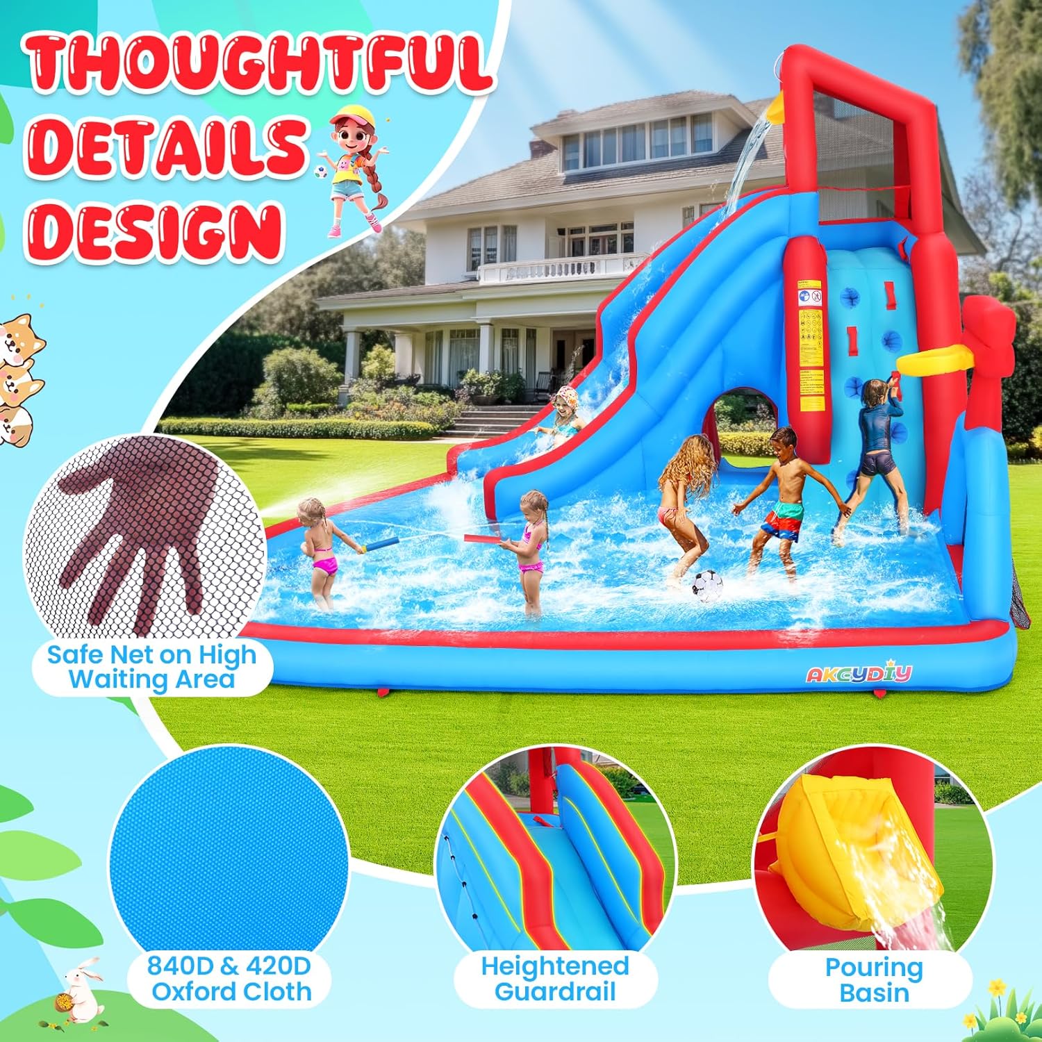AKEYDIY Bounce House Water Slide Park for Kids 3-10 Backyard Akeydiy