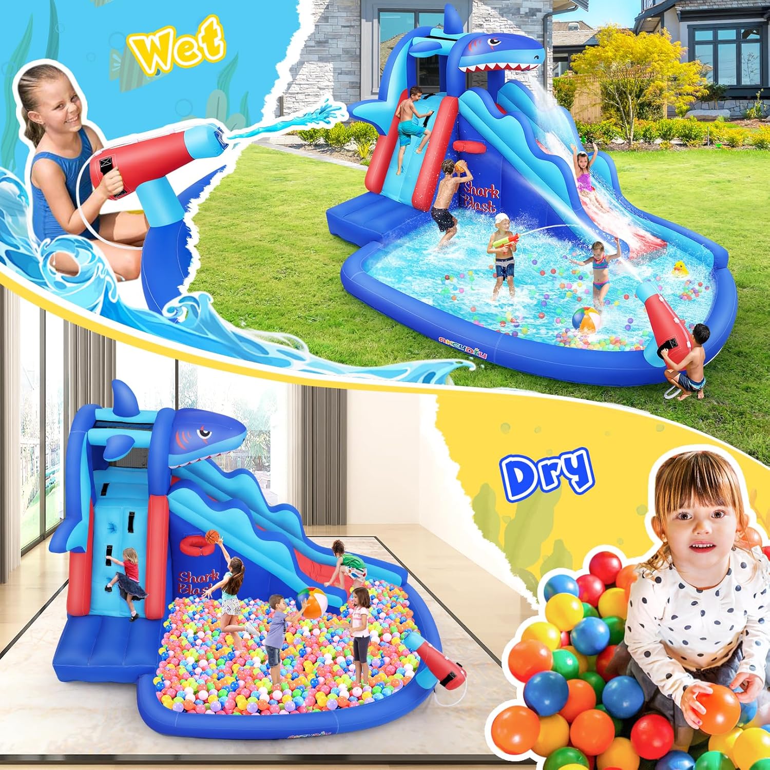 AKEYDIY Inflatable Water Slide, Shark Bounce House with Slide Akeydiy