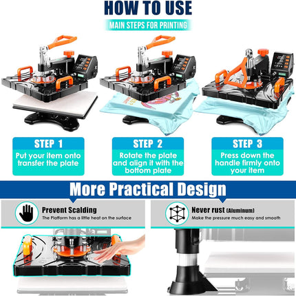 AKEYDIY Upgraded 8 in 1 Heat Press Machine for Tshirts 12''X15'' 360� Swing Away Shirt Press Machine - accessories included