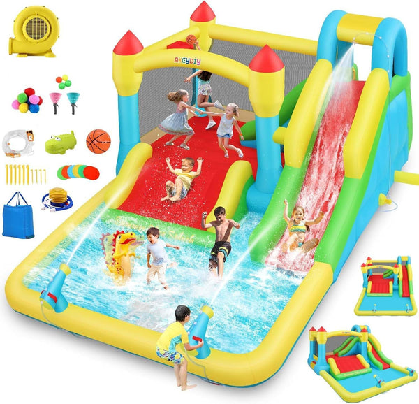 AKEYDIY Bounce House Water Slide for Kids 3-12 - Outdoor/Indoor Inflatable Water Bounce House with 3 Slides Akeydiy