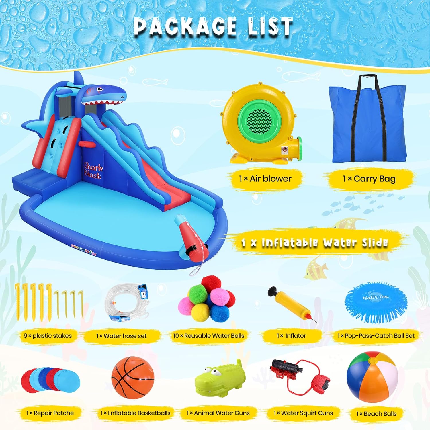 AKEYDIY Inflatable Water Slide, Shark Bounce House with Slide Akeydiy