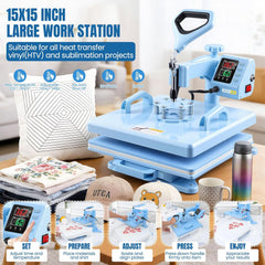 AKEYDIY Heat Press 15x15 inch 8 in 1 with 30OZ Tumbler Press, 360° Swivel Away Slide Out Digital Shirt Press Machine Akeydiy