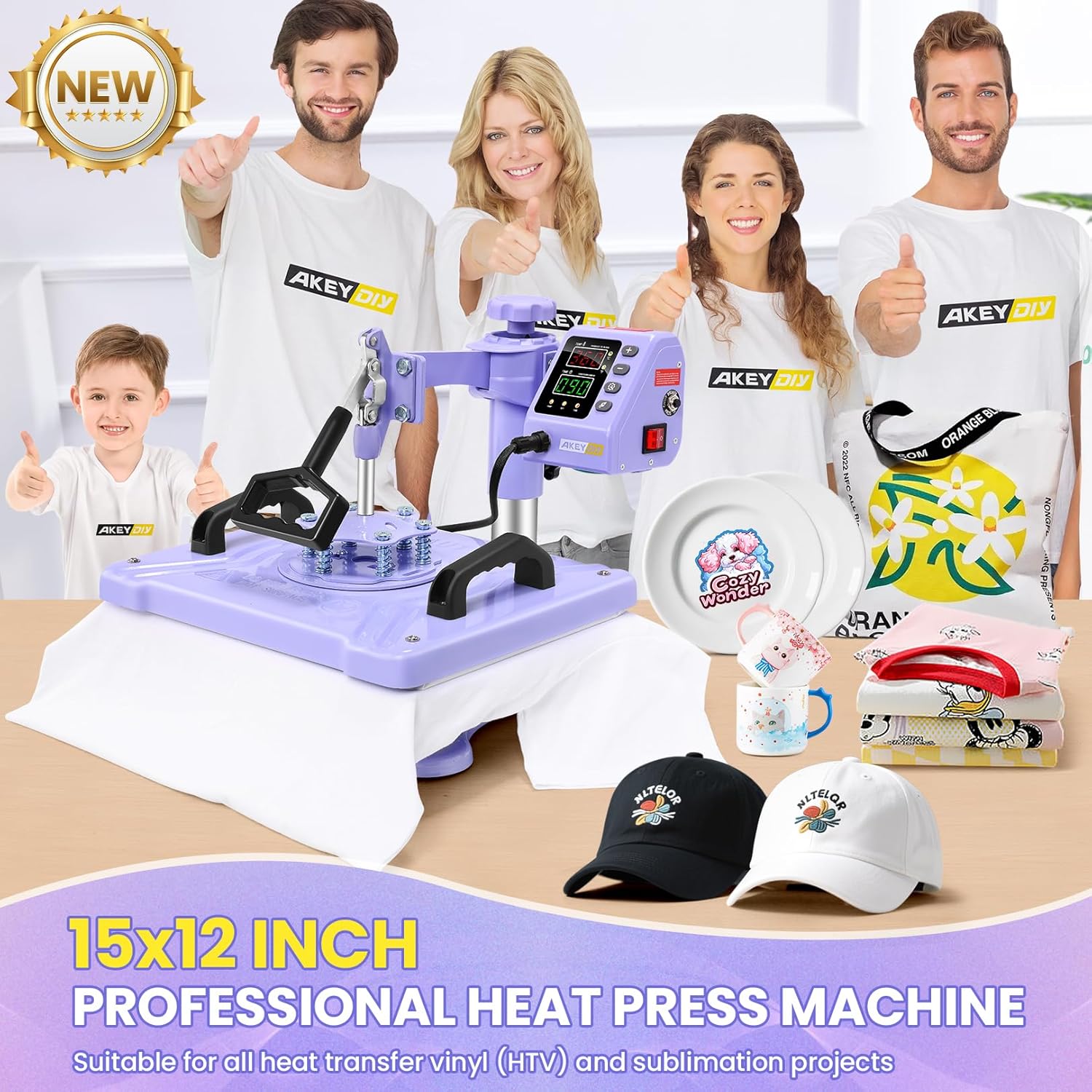 AKEYDIY Heat Press, 15x12 Shirt Press Machine with Cup/Plate/Cap Attachment Akeydiy