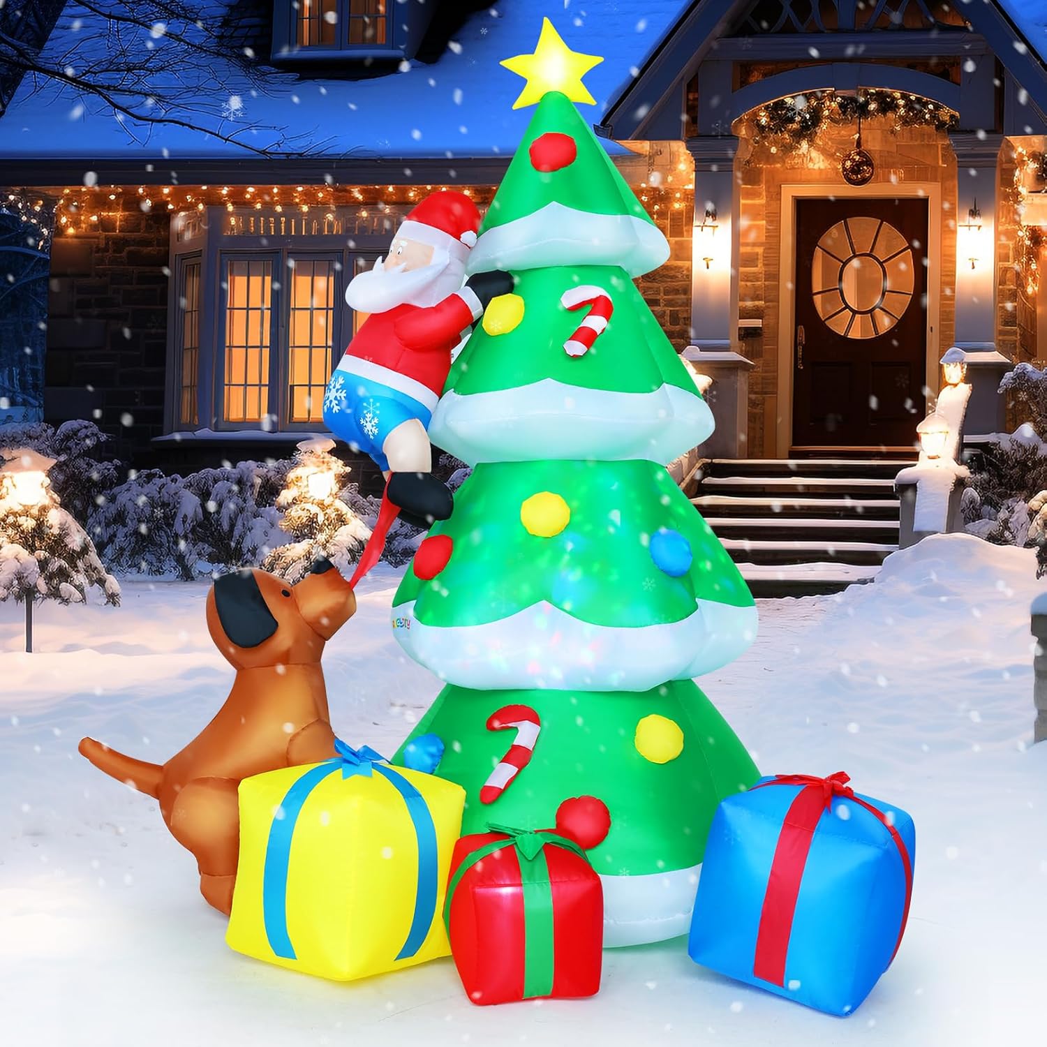 AKEYDIY 7.7 FT Inflatable Christmas Tree with A Santa Chased by Dog Inflatable Christmas Decorations Outdoor Akeydiy