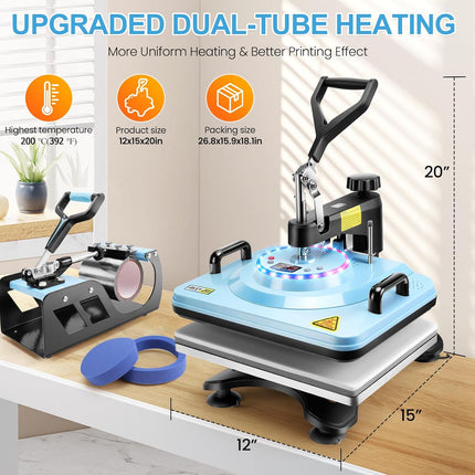 AKEYDIY Upgraded 5 in 1 Heat Press Machine for Tshirts 12X15 Inch - dimensions view