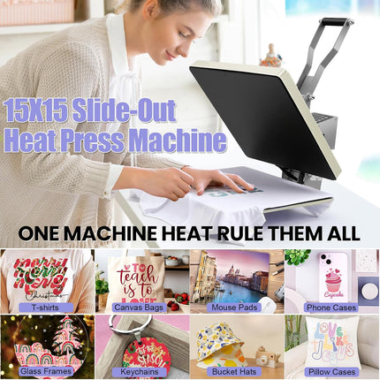 AKEYDIY Heat Press 15x15, Digital Shirt Press Heat Up Fast & Even - in use