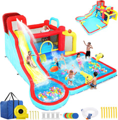 AKEYDIY Water Slide Bounce House,10-in-1 Water Bounce House Backyard Waterpark with Long Water Slide AKEYDIY