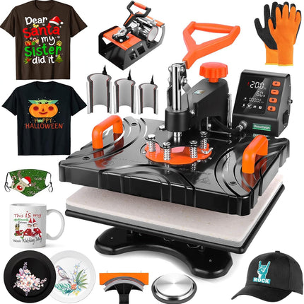 AKEYDIY Upgraded 8 in 1 Heat Press Machine for Tshirts 12''X15'' 360� Swing Away Shirt Press Machine - front view