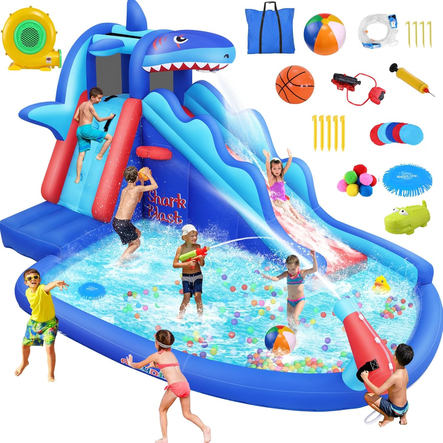 AKEYDIY Inflatable Water Slide, Shark Bounce House with Slide Akeydiy