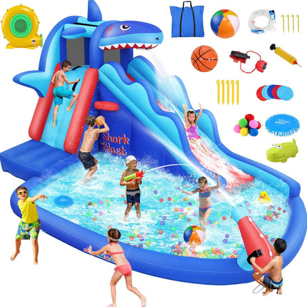 AKEYDIY Inflatable Water Slide, Shark Bounce House with Slide Akeydiy