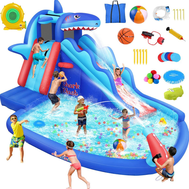 AKEYDIY Inflatable Water Slide, Shark Bounce House with Slide Akeydiy