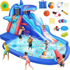 AKEYDIY Inflatable Water Slide, Shark Bounce House with Slide Akeydiy