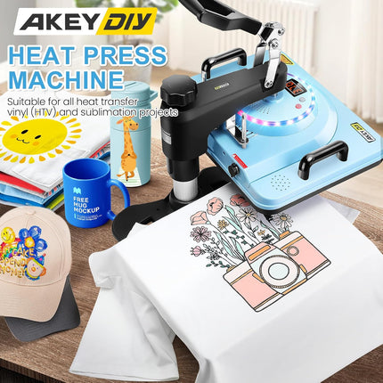 AKEYDIY Upgraded 5 in 1 Heat Press Machine for Tshirts 12X15 Inch - package contents