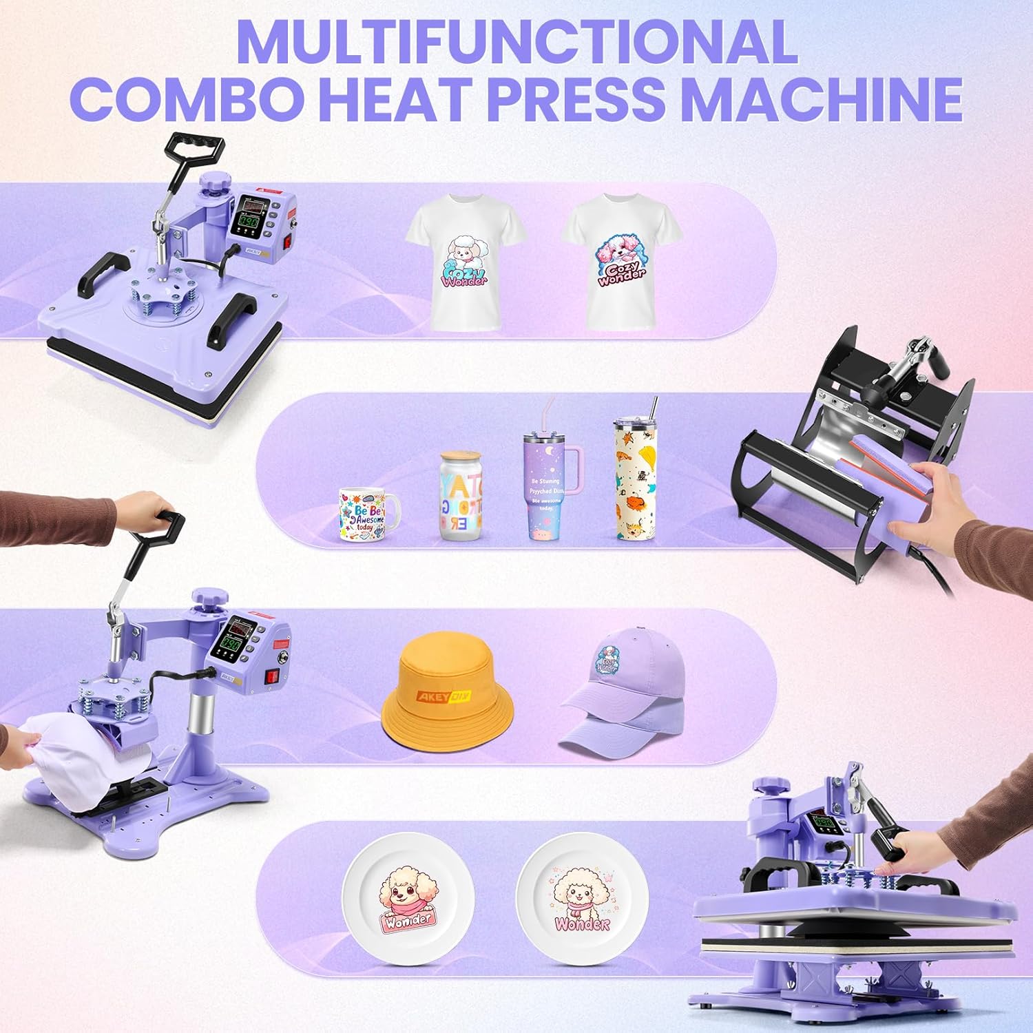 AKEYDIY Heat Press, 15x12 Shirt Press Machine with Cup/Plate/Cap Attachment Akeydiy