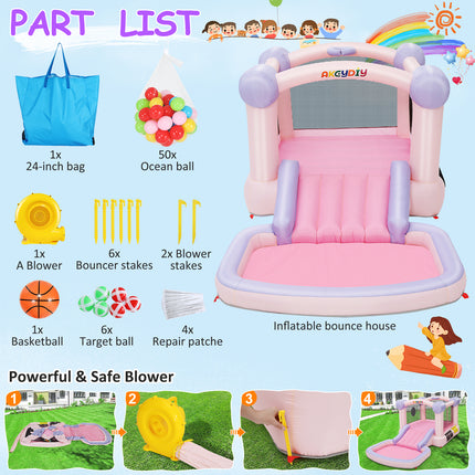 AKEYDIY Bounce House, Pastel Inflatable Bounce House with Slide - dimensions view