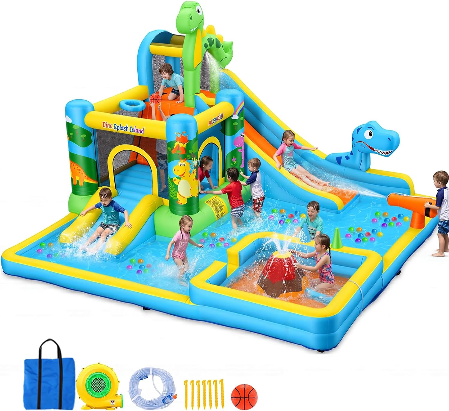 AKEYDIY Dinosaur Water Park with long slide, pool, climbing wall for outdoor parties