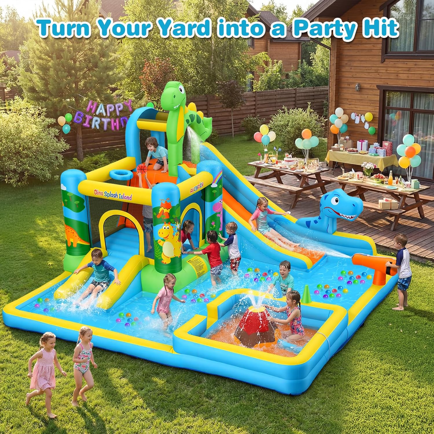 AKEYDIY Dinosaur Water Park features - double slides, splash pool, water cannons for parties